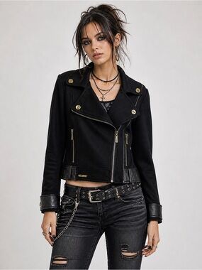 Y2K Apple Bottoms Black Wool Blend Zip Biker Moto Jacket Sz Large Grunge Rocker
